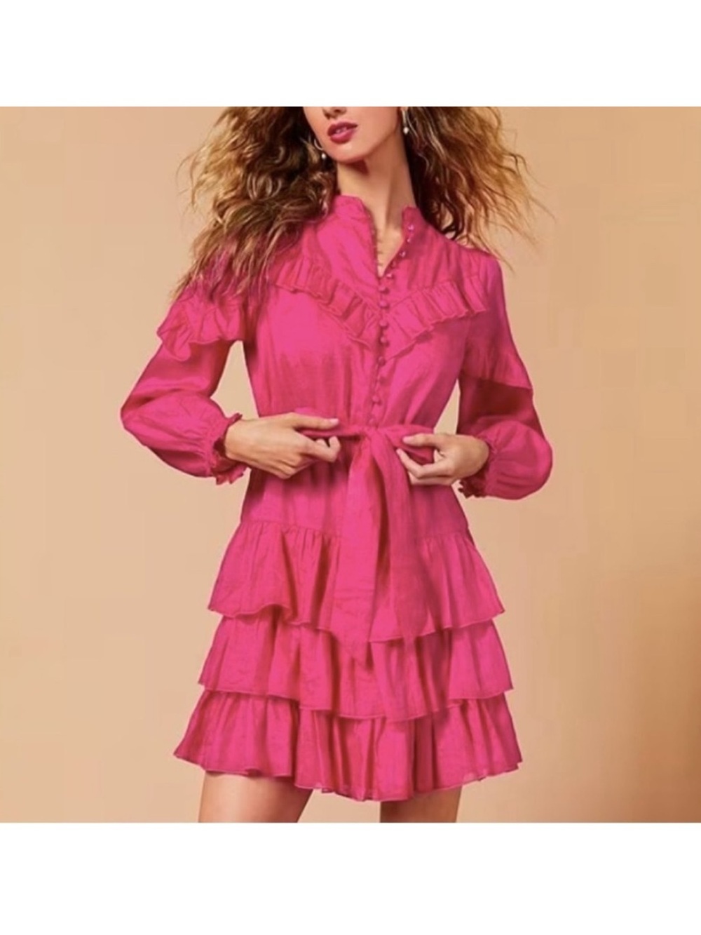 A LOVE A Hot Pink Long Sleeve Ruffled Mini Dress Western size large